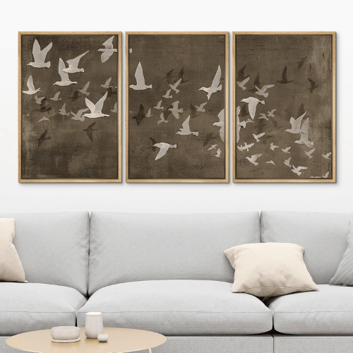 Modern "Earthy Flight" 3-Piece Framed Set – Abstract Birds in Flight Illustrations
