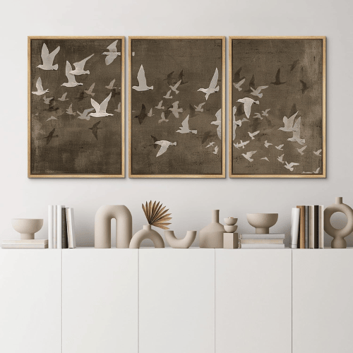 Modern "Earthy Flight" 3-Piece Framed Set – Abstract Birds in Flight Illustrations