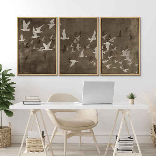 Modern "Earthy Flight" 3-Piece Framed Set – Abstract Birds in Flight Illustrations