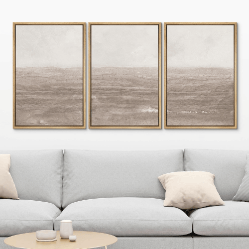 Modern "Ethereal Tides" 3-Piece Framed Set – Neutral Textured Seascape Illustrations