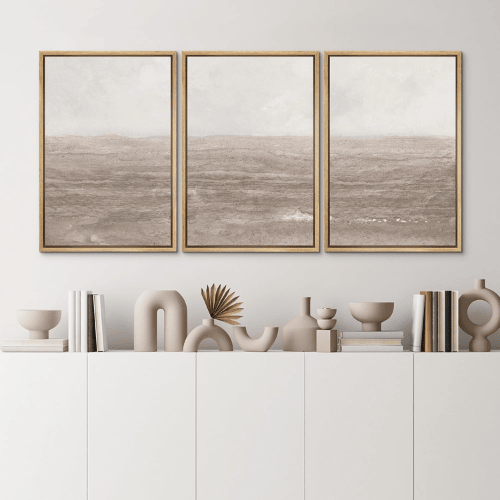 Modern "Ethereal Tides" 3-Piece Framed Set – Neutral Textured Seascape Illustrations