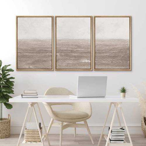 Modern "Ethereal Tides" 3-Piece Framed Set – Neutral Textured Seascape Illustrations