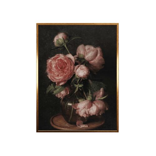 Modern "Golden Heritage" Floral Canvas – Moody Peonies & Roses Still Life