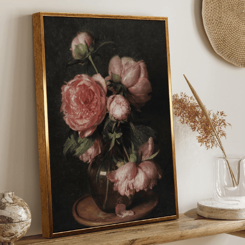 Modern "Golden Heritage" Floral Canvas – Moody Peonies & Roses Still Life