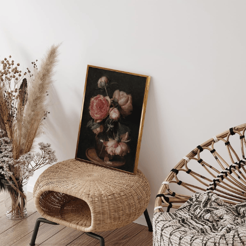 Modern "Golden Heritage" Floral Canvas – Moody Peonies & Roses Still Life