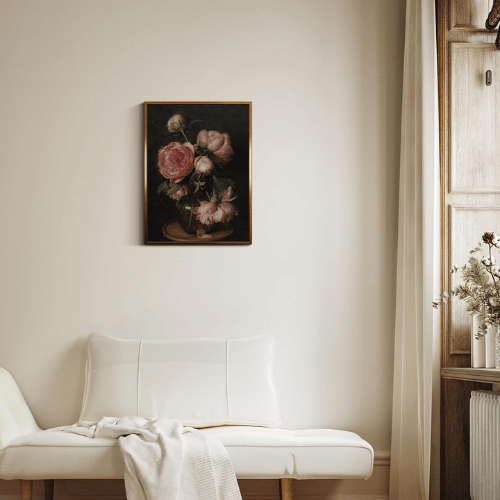 Modern "Golden Heritage" Floral Canvas – Moody Peonies & Roses Still Life