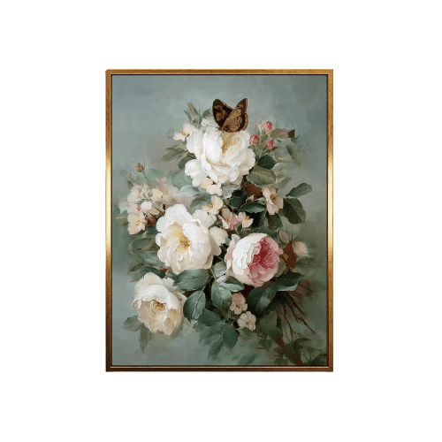 Modern "Blush & Butterfly" Floral Canvas – Romantic Pink Roses Still Life