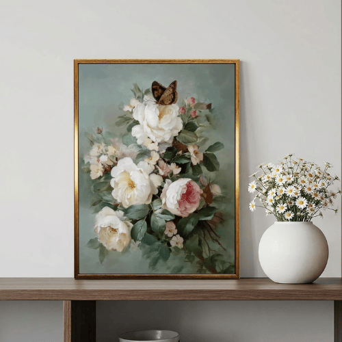 Modern "Blush & Butterfly" Floral Canvas – Romantic Pink Roses Still Life