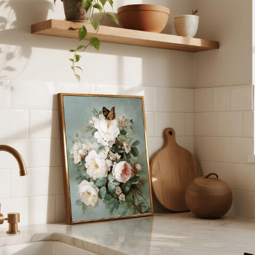 Modern "Blush & Butterfly" Floral Canvas – Romantic Pink Roses Still Life