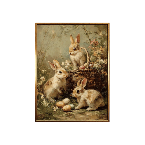 Modern "Spring Meadow" Rabbit Canvas – Vintage Easter Bunny & Pastel Eggs Oil Painting