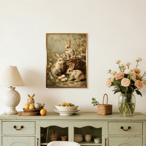 Modern "Spring Meadow" Rabbit Canvas – Vintage Easter Bunny & Pastel Eggs Oil Painting