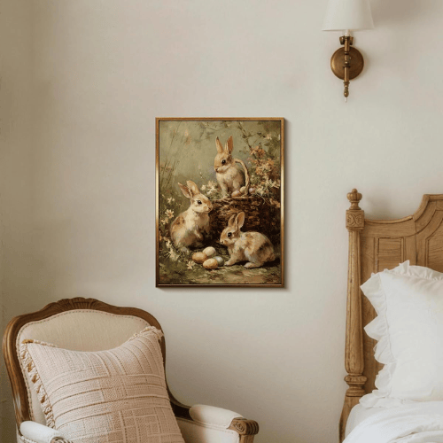 Modern "Spring Meadow" Rabbit Canvas – Vintage Easter Bunny & Pastel Eggs Oil Painting