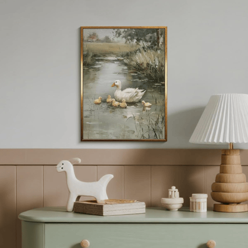 Modern "Mother’s Pride" Duck Family Canvas – Vintage Wildlife Oil Painting
