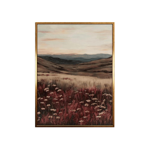Modern "Sunset Meadow" Canvas – Warm Red Poppy & Mountain Landscape