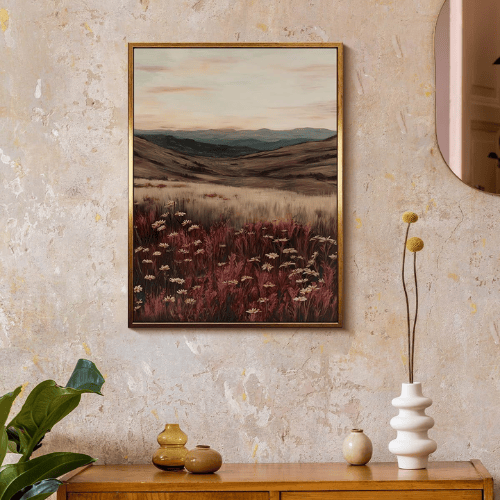 Modern "Sunset Meadow" Canvas – Warm Red Poppy & Mountain Landscape