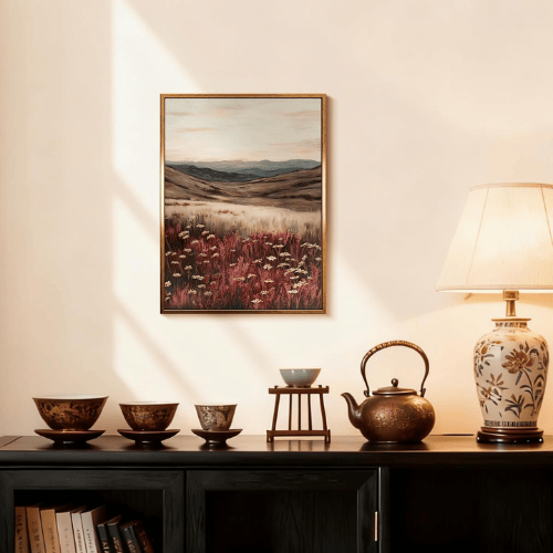 Modern "Sunset Meadow" Canvas – Warm Red Poppy & Mountain Landscape