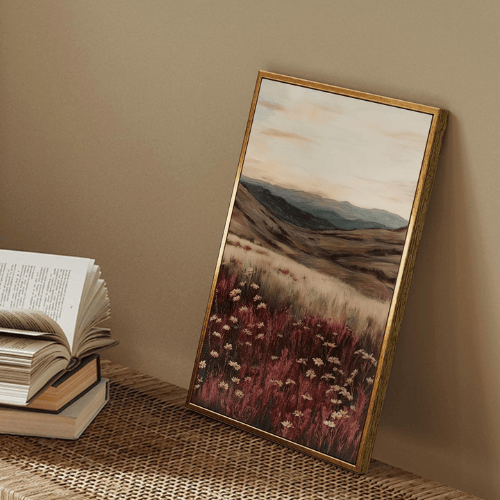 Modern "Sunset Meadow" Canvas – Warm Red Poppy & Mountain Landscape