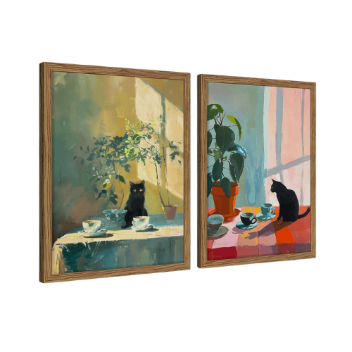 Modern "Midnight Roast" Canvas Set – Vintage Black Cat & Coffee Portraits