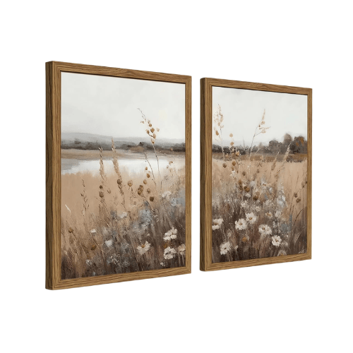 Modern "Linen & Bloom" Canvas Set – Neutral Vintage Wildflower & Botanical Landscapes