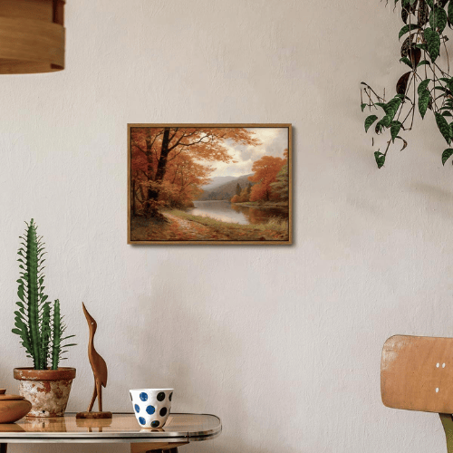 Modern "Amber Reflection" Canvas – Vintage Autumn Lake & Forest Scenery