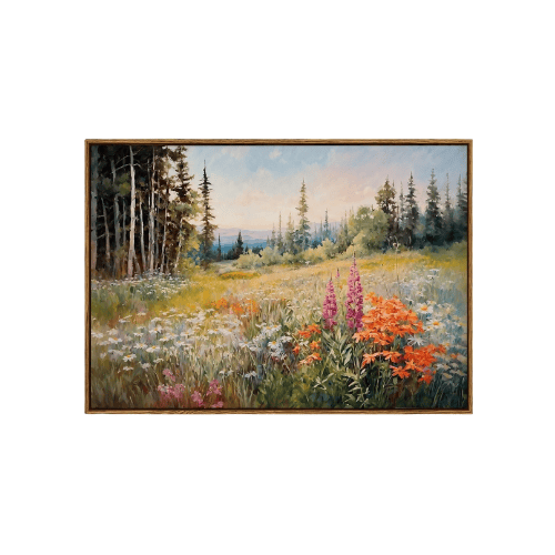 Modern "Prism Meadow" Canvas – Vintage Wildflower Field & Forest Scenery