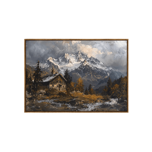 Modern "Summit Serenity" Canvas – Vintage Snow Mountain & Winter Cottage Scenery