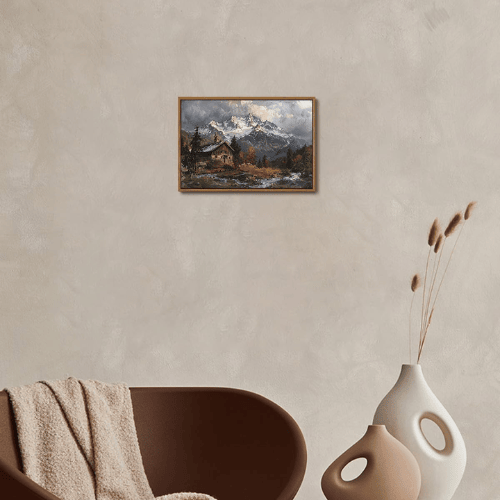 Modern "Summit Serenity" Canvas – Vintage Snow Mountain & Winter Cottage Scenery
