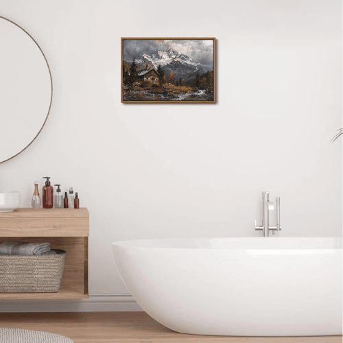 Modern "Summit Serenity" Canvas – Vintage Snow Mountain & Winter Cottage Scenery