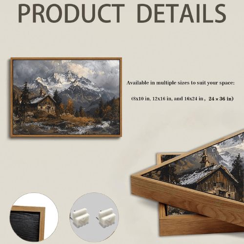 Modern "Summit Serenity" Canvas – Vintage Snow Mountain & Winter Cottage Scenery