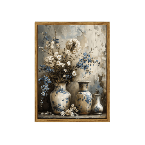 Framed "Rustic Elegance" Farmhouse Floral Canvas – Vintage Blue & White Porcelain Vase Still Life