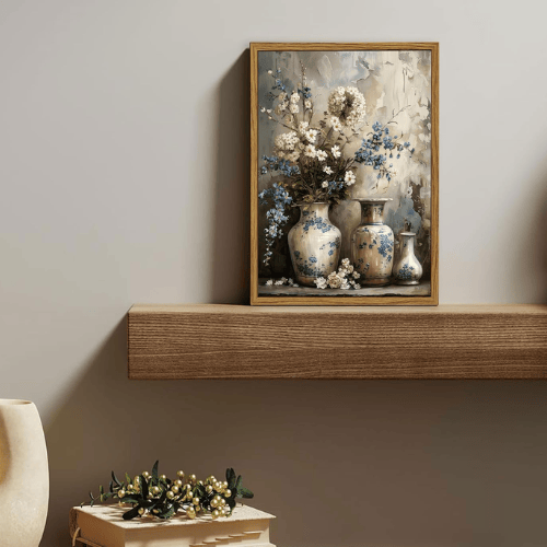 Framed "Rustic Elegance" Farmhouse Floral Canvas – Vintage Blue & White Porcelain Vase Still Life