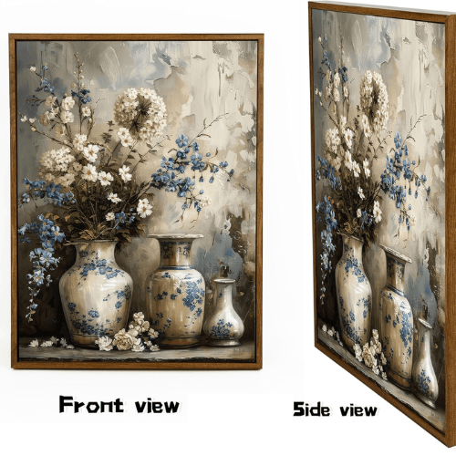 Framed "Rustic Elegance" Farmhouse Floral Canvas – Vintage Blue & White Porcelain Vase Still Life
