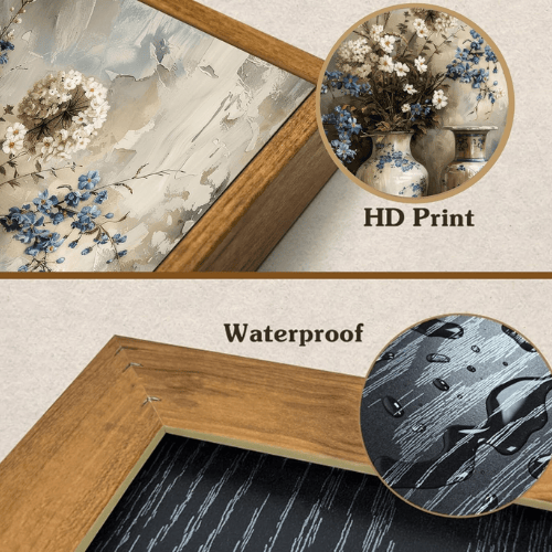 Framed "Rustic Elegance" Farmhouse Floral Canvas – Vintage Blue & White Porcelain Vase Still Life
