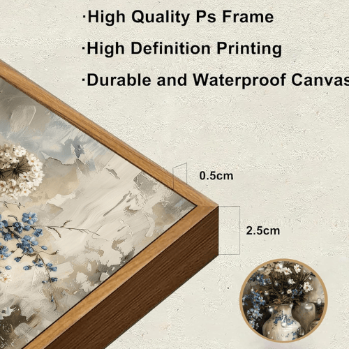 Framed "Rustic Elegance" Farmhouse Floral Canvas – Vintage Blue & White Porcelain Vase Still Life