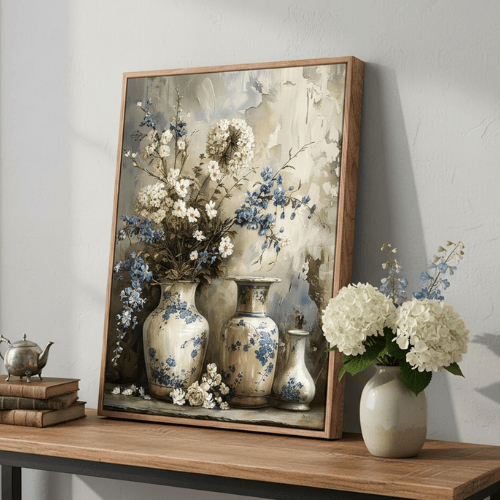 Framed "Rustic Elegance" Farmhouse Floral Canvas – Vintage Blue & White Porcelain Vase Still Life