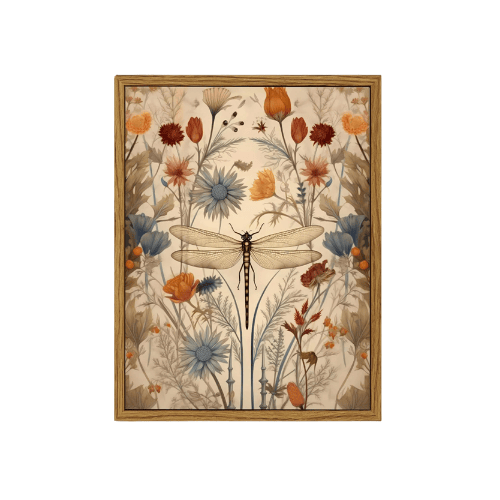 Framed "Whimsical Dragonfly" Canvas Art – Vintage Botanical Floral Picture