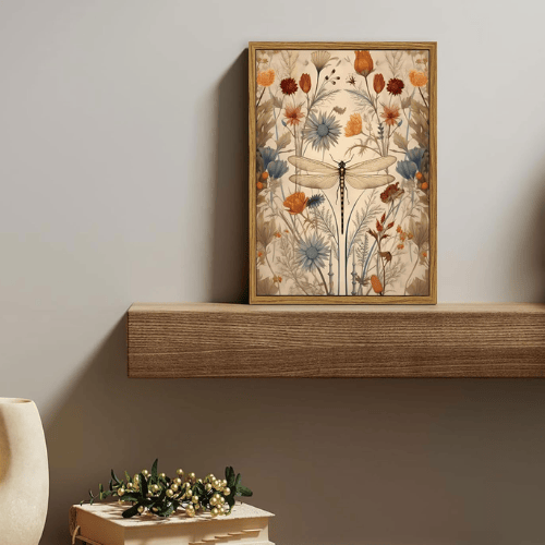 Framed "Whimsical Dragonfly" Canvas Art – Vintage Botanical Floral Picture